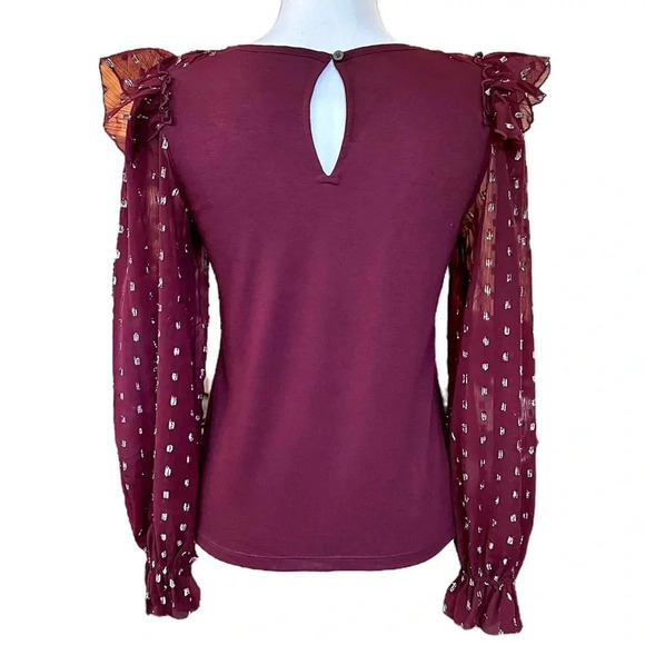 LOFT Plum Ruffle Top Sheer Long Sleeves Silver Metallic Detail Size XS - Picture 3 of 7